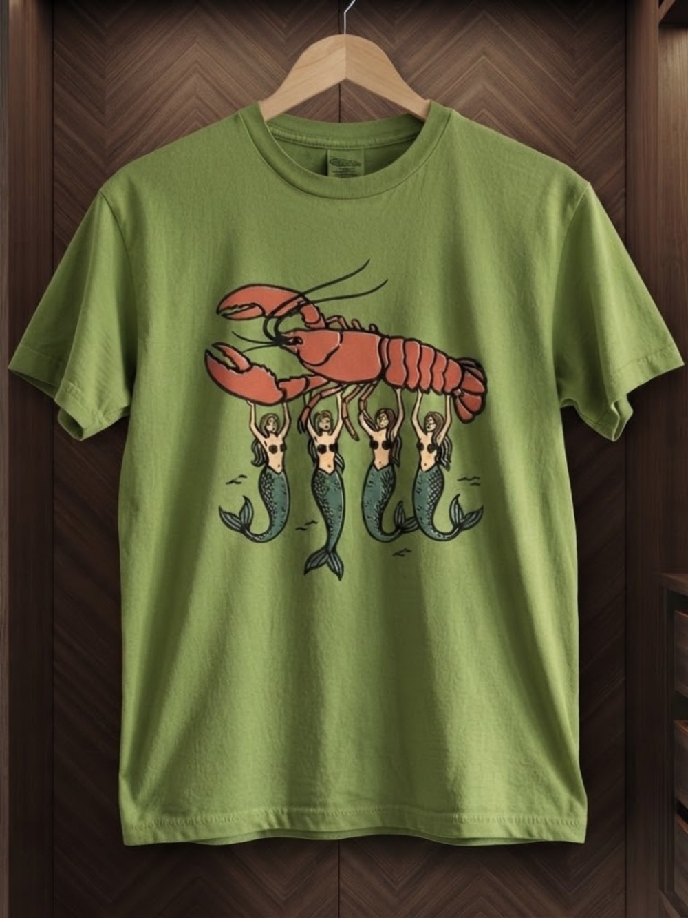 Mermaids Carrying Giant Lobster Seafood Graphic Illustration Olive Green T-Shirt